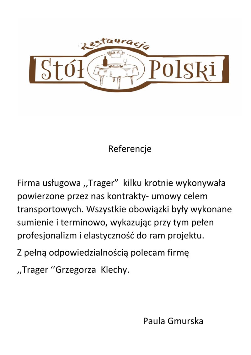 Trager - Transport, Przeprowadzki Transport restauracja Stół Polski